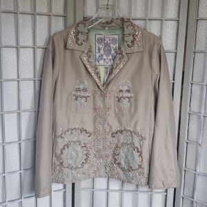 Biya by Johnny Was embroidery and sequin metallic beige button down  jack…